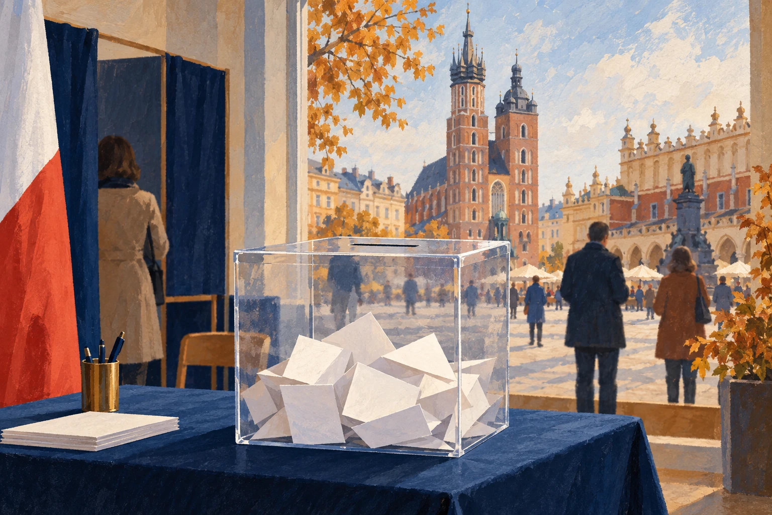 Illustration IA conceptuelle : urne et silhouette de Cracovie, sans représentation des candidats.