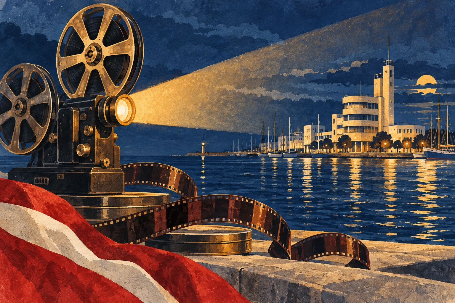 Illustration IA : projecteur et paysage maritime inspiré de Gdynia.