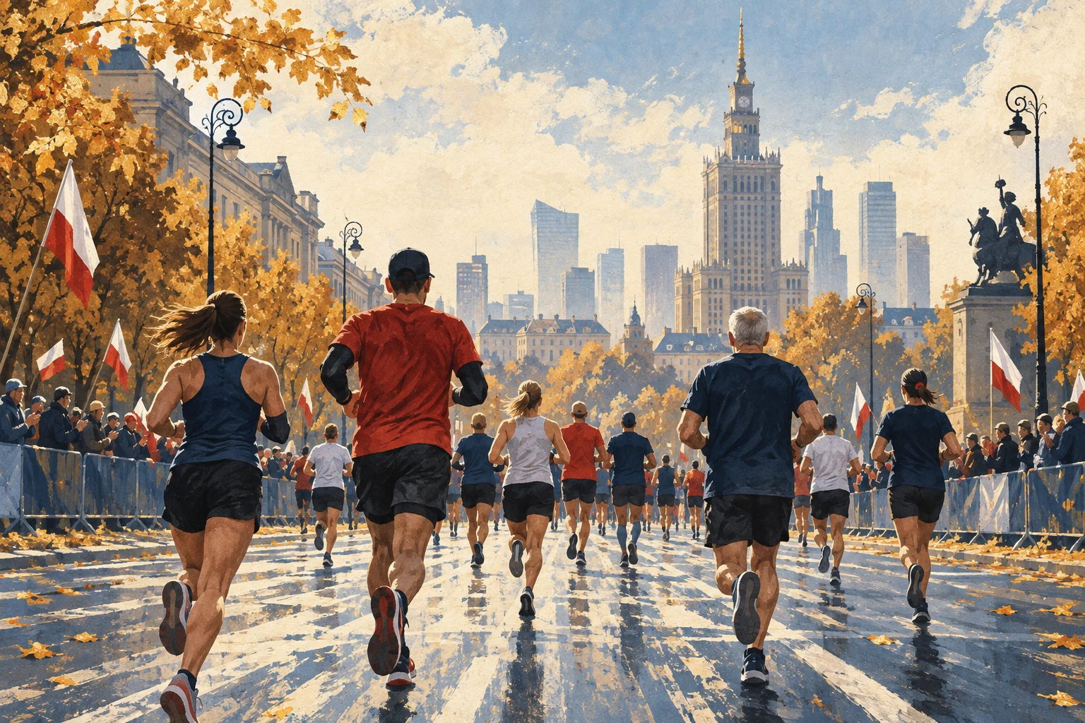Illustration IA : coureurs dans un paysage urbain inspiré de Varsovie.