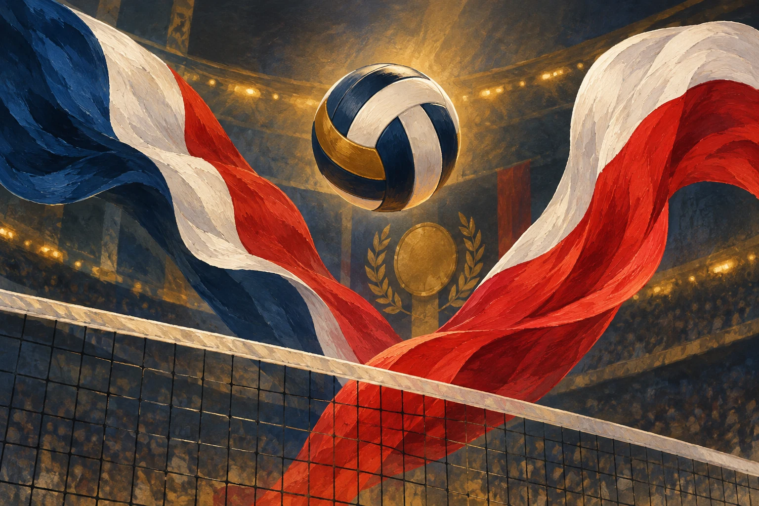 Illustration IA : ballon de volley, médaille et drapeaux polonais et français.