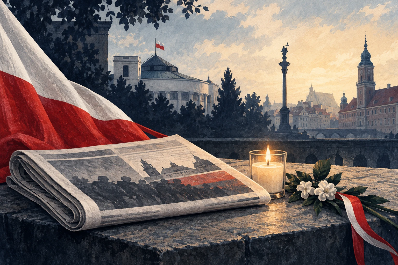 Illustration IA / AI illustration / Ilustracja AI : journal, drapeau polonais et bougie symbolique