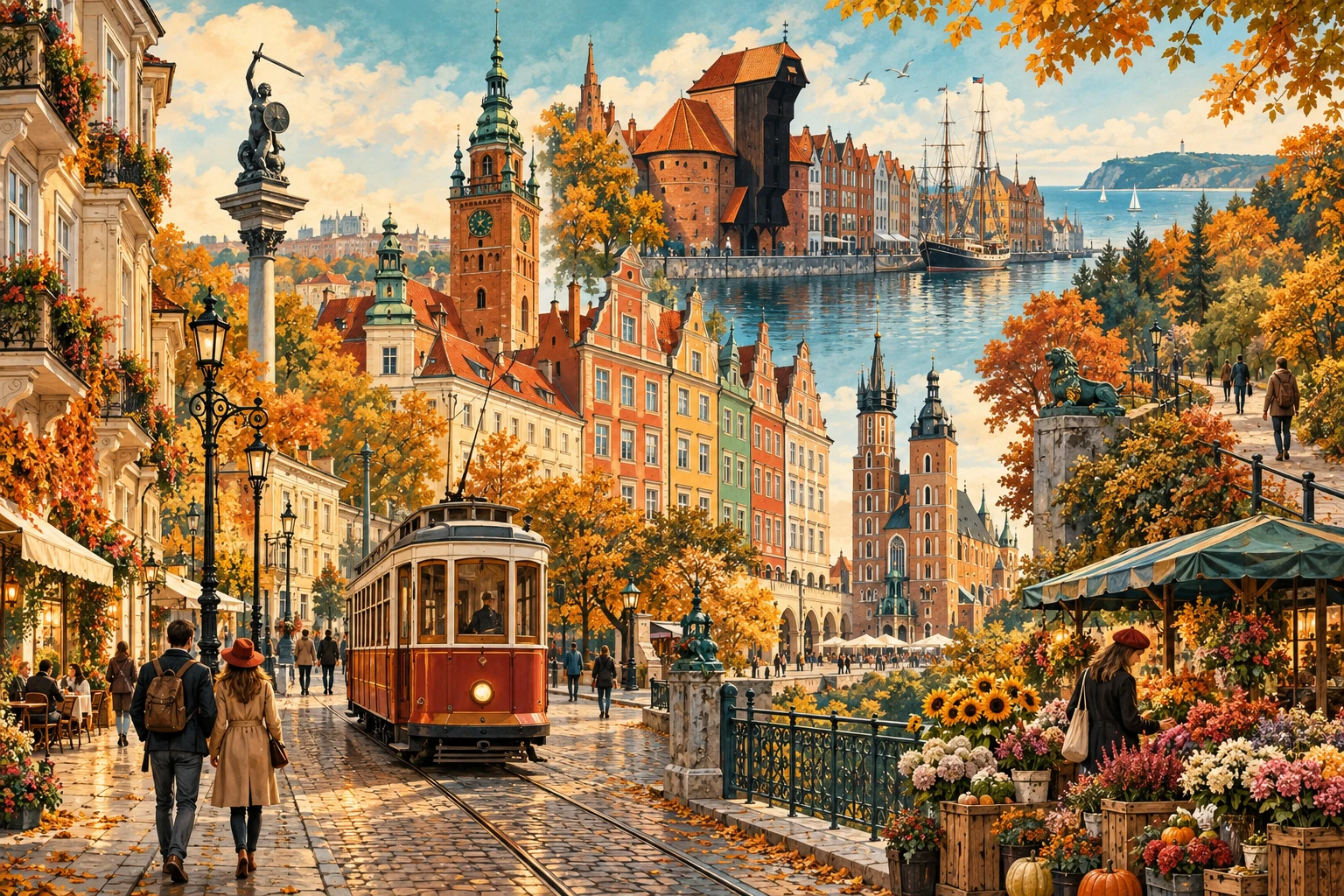 Illustration IA / AI illustration / Ilustracja AI : collage de villes polonaises en automne