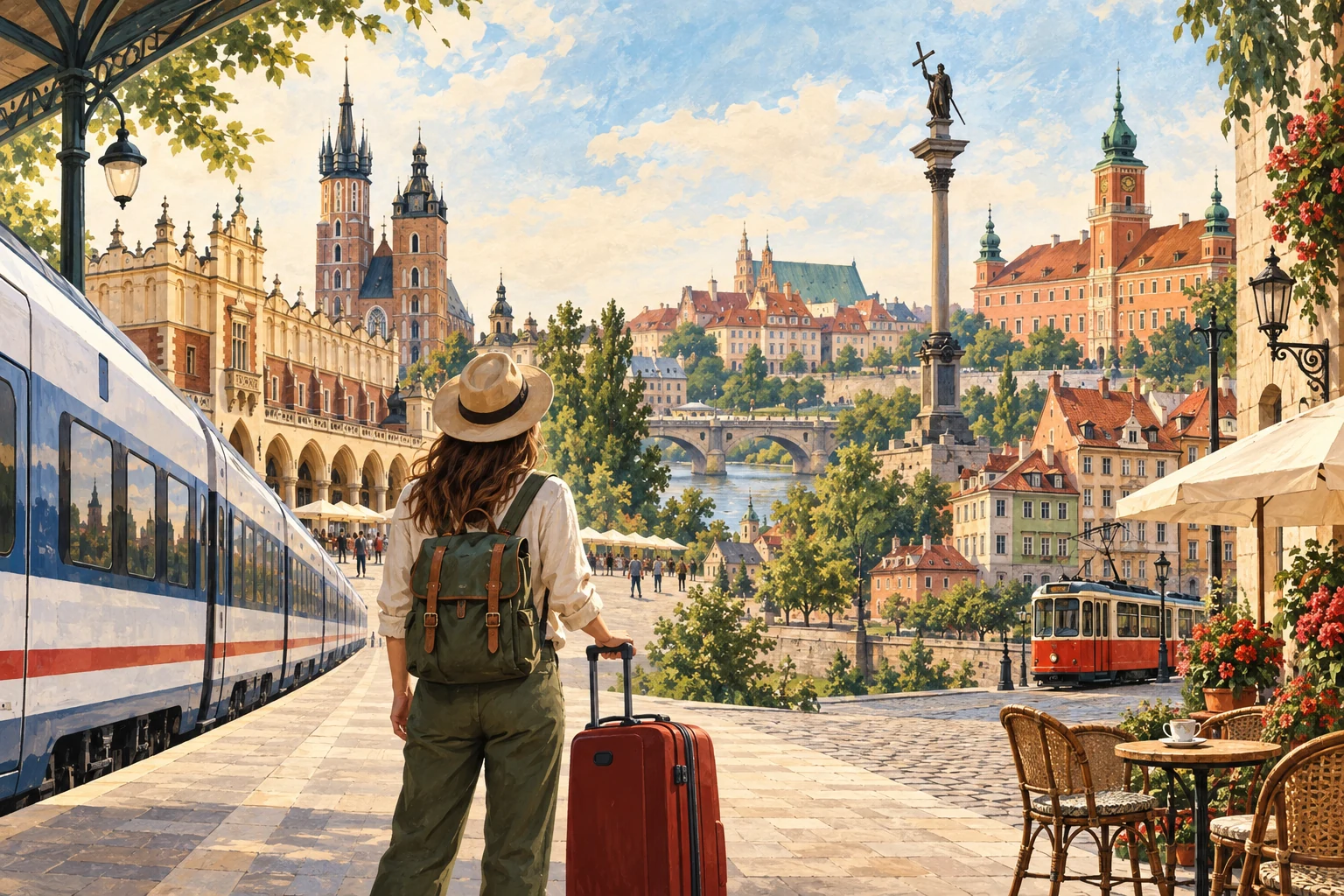 Illustration IA : voyageuse, train et monuments inspirés de Cracovie et Varsovie.