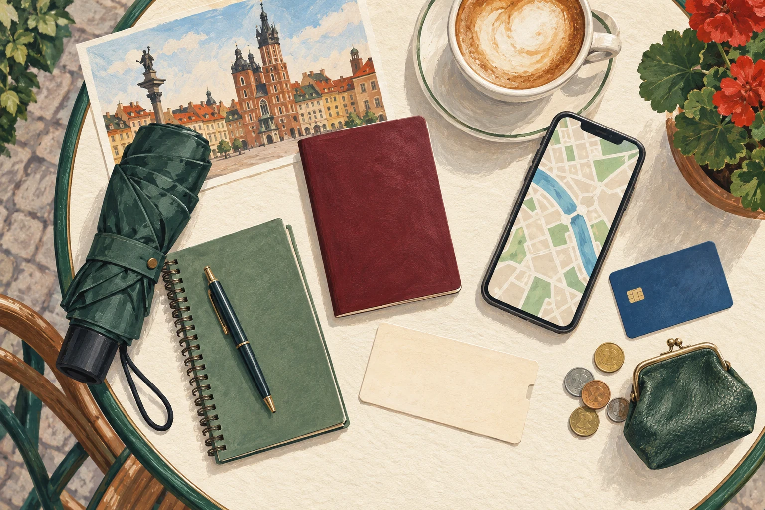 Illustrated travel essentials: travel document, phone, bank card, notebook and umbrella