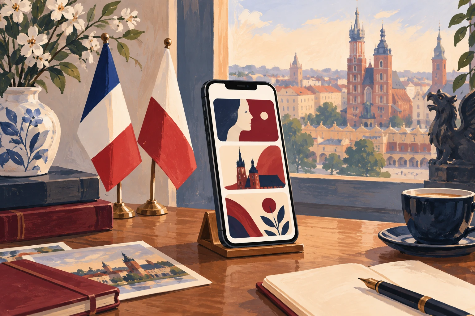 Illustration IA / AI illustration / Ilustracja AI — FrancePologne sur iPhone, vue symbolique