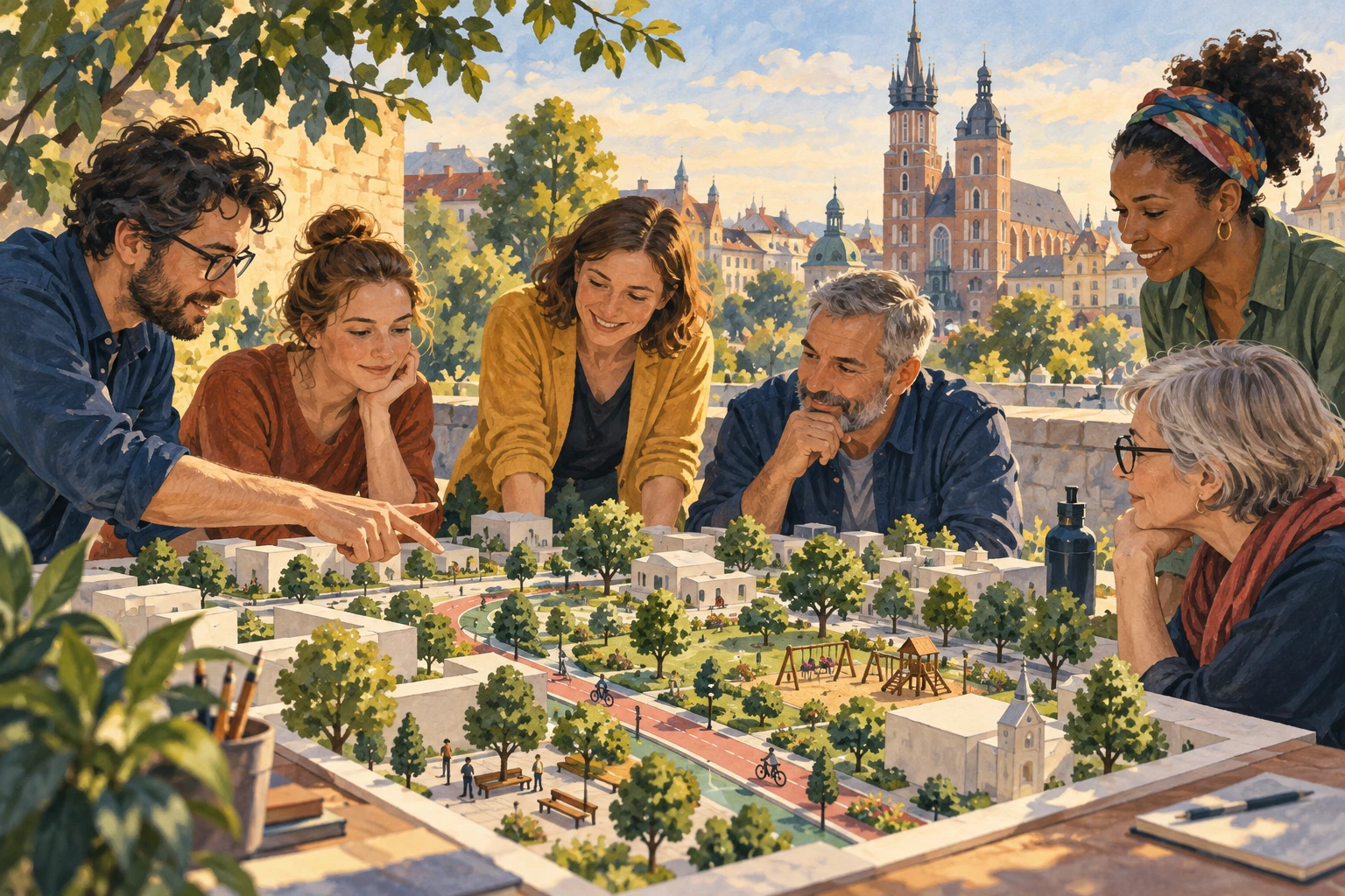 Illustration originale générée par IA : habitants et maquette de quartier à Cracovie.