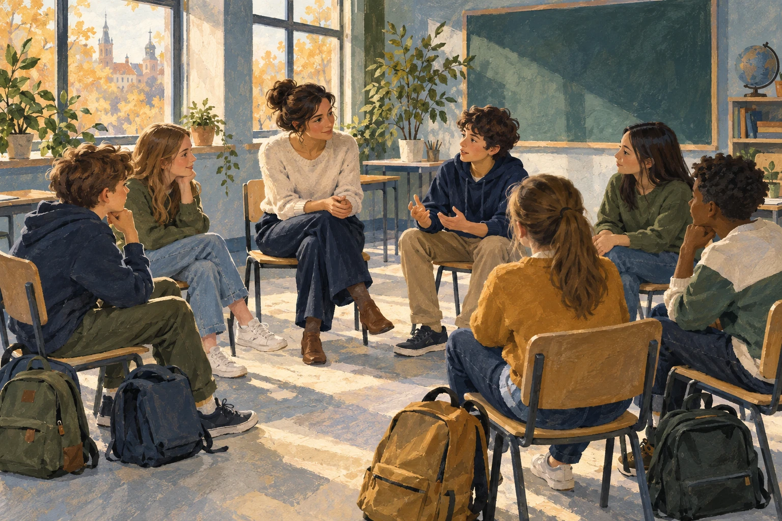 Illustration originale générée par IA : élèves et enseignante réunis pour dialoguer.