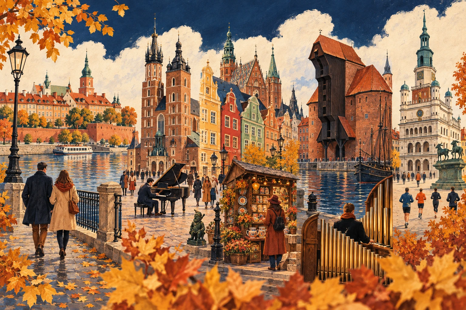 Illustration originale générée par IA : cinq villes polonaises dans une composition automnale.
