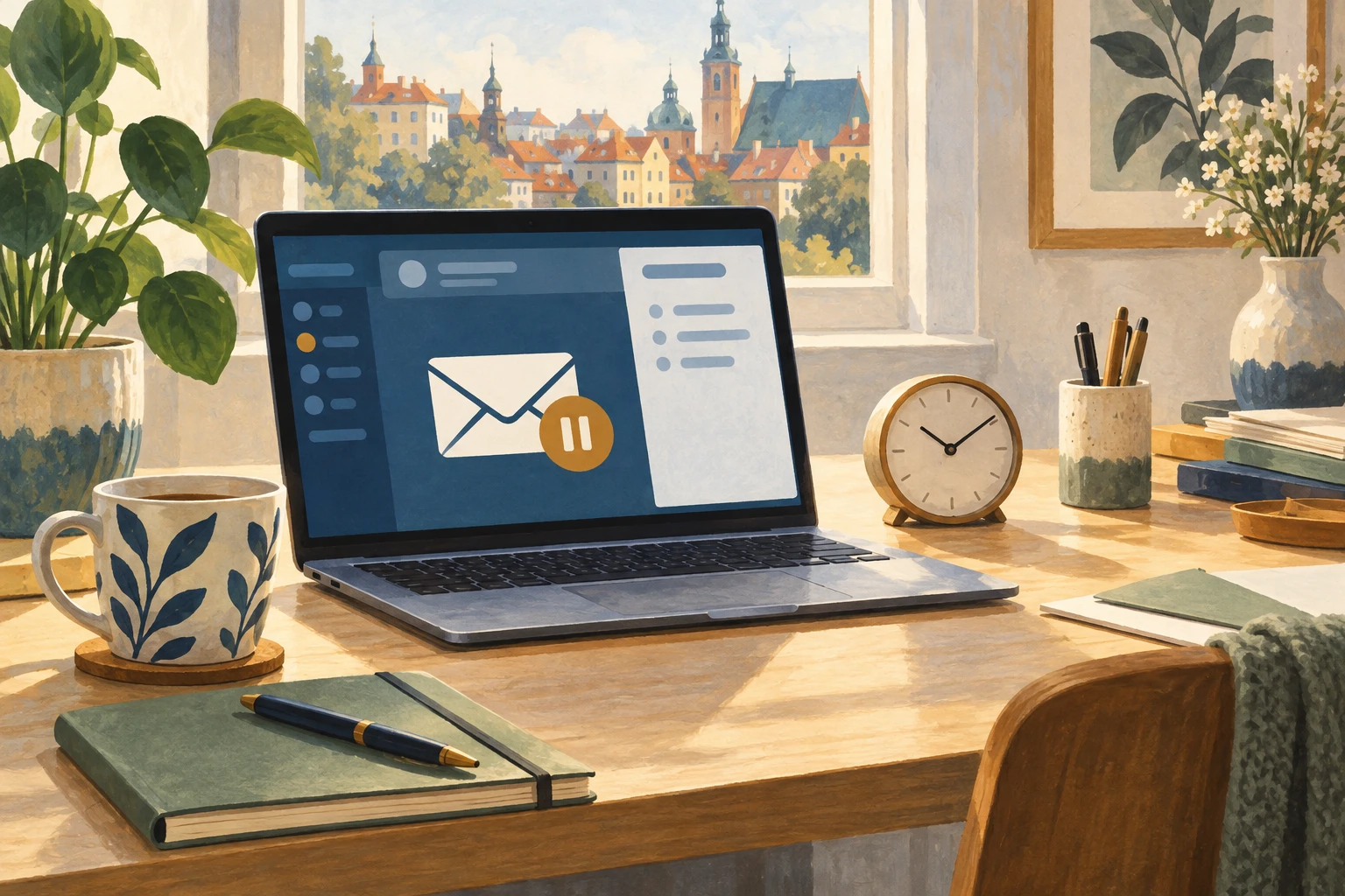 Illustration IA conceptuelle : ordinateur et courrier électronique administratif en pause.
