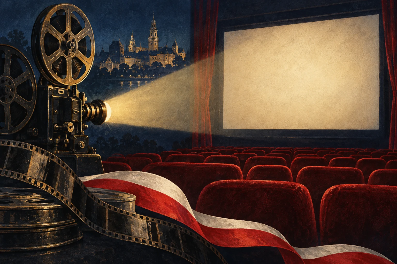 Illustration d’un projecteur et d’une salle de cinéma aux accents polonais, générée par IA