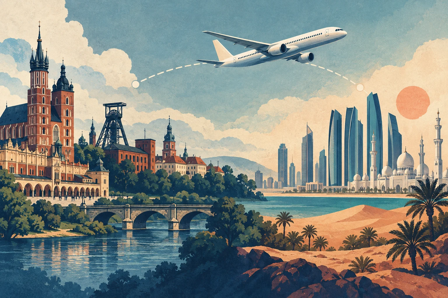 Illustration d’un avion reliant symboliquement la Pologne à Abu Dhabi, générée par IA
