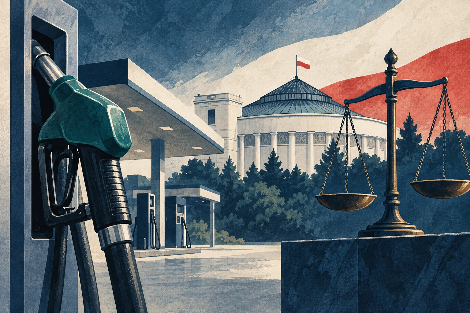 Illustration symbolique d’une pompe à carburant et du débat parlementaire, générée par IA
