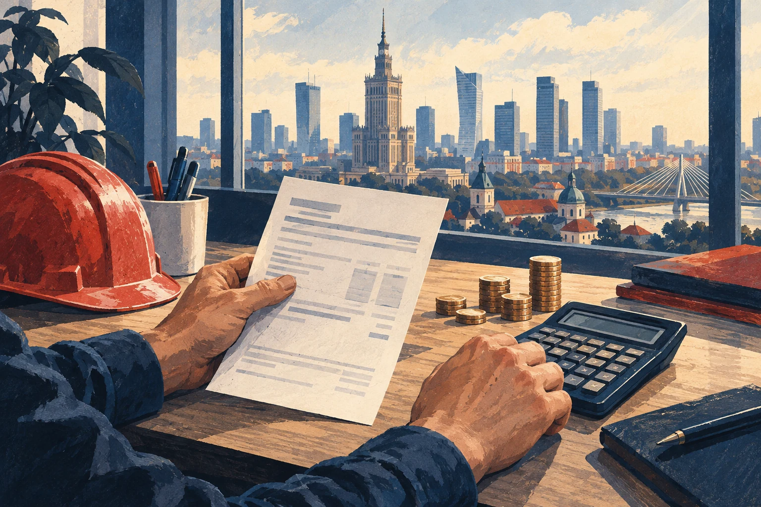Illustration d’un bureau avec calculatrice, fiche de paie et pièces, générée par IA