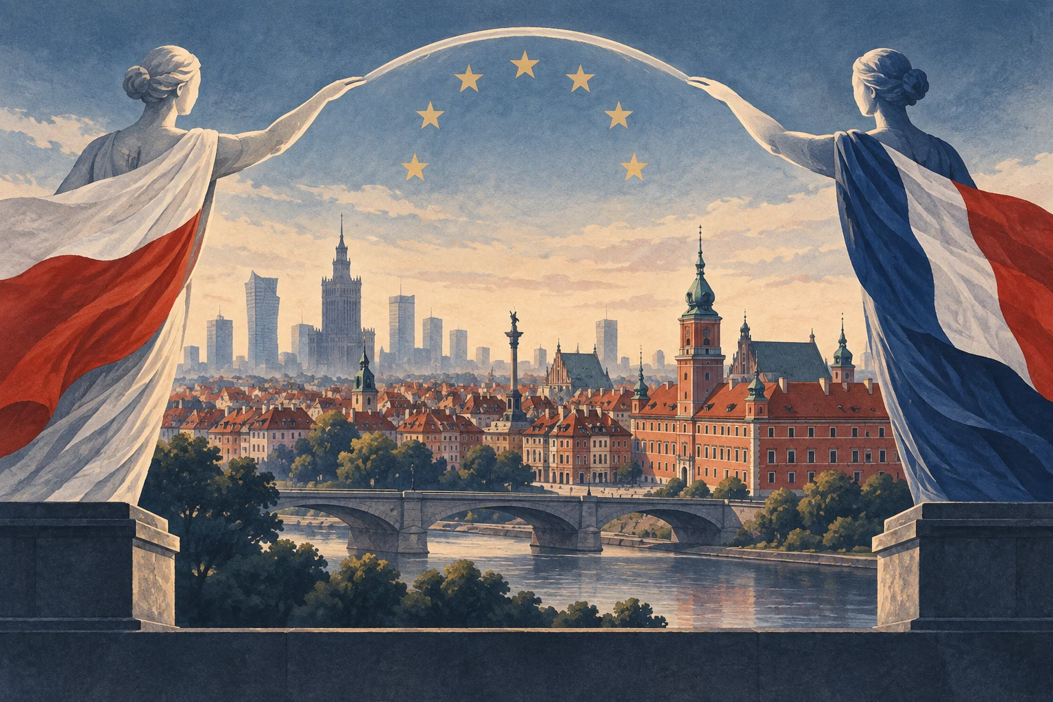 Illustration symbolique de Varsovie et de la coopération franco-polonaise, générée par IA