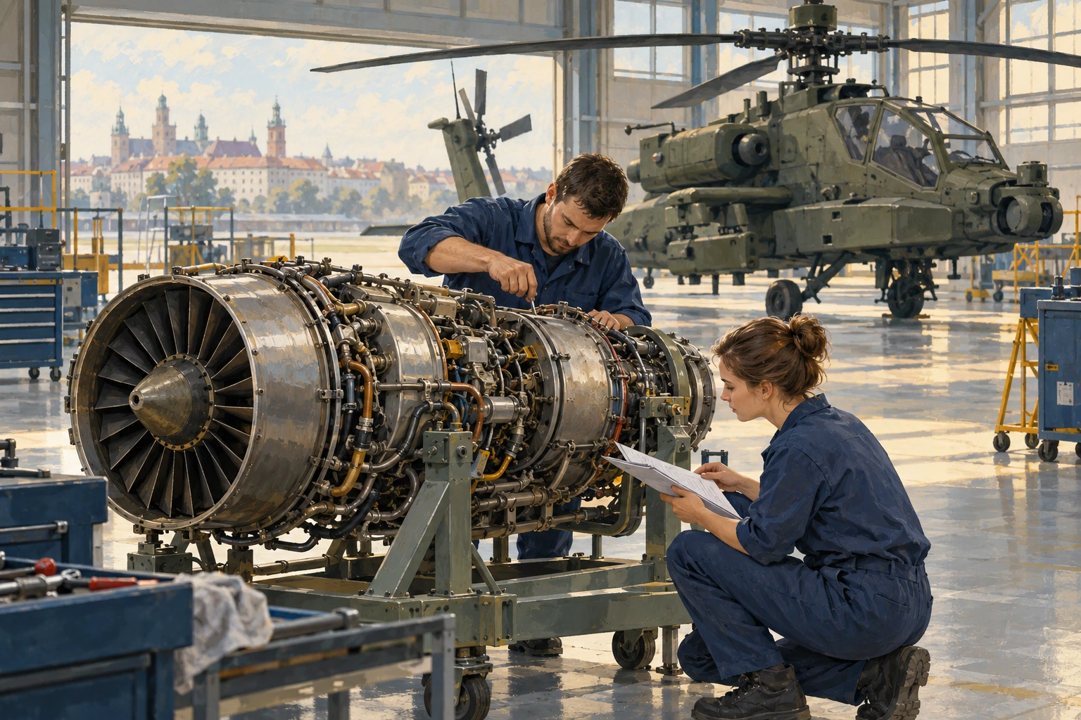 Illustration peinte de deux techniciens devant un moteur de démonstration, avec un hélicoptère immobile à l’arrière-plan.