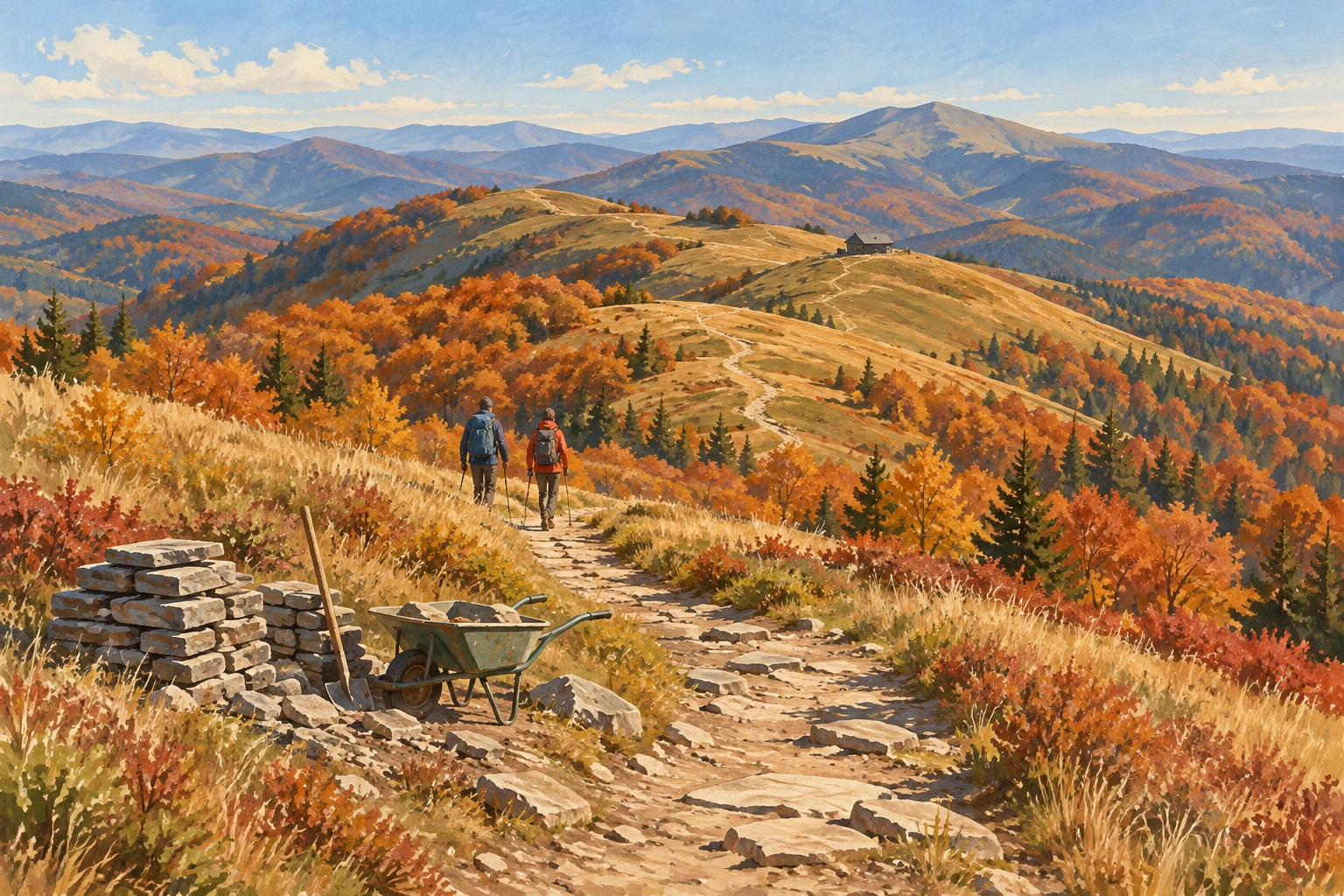 Illustration peinte d’un sentier dans les Bieszczady en automne, de randonneurs et d’outils évoquant des travaux.