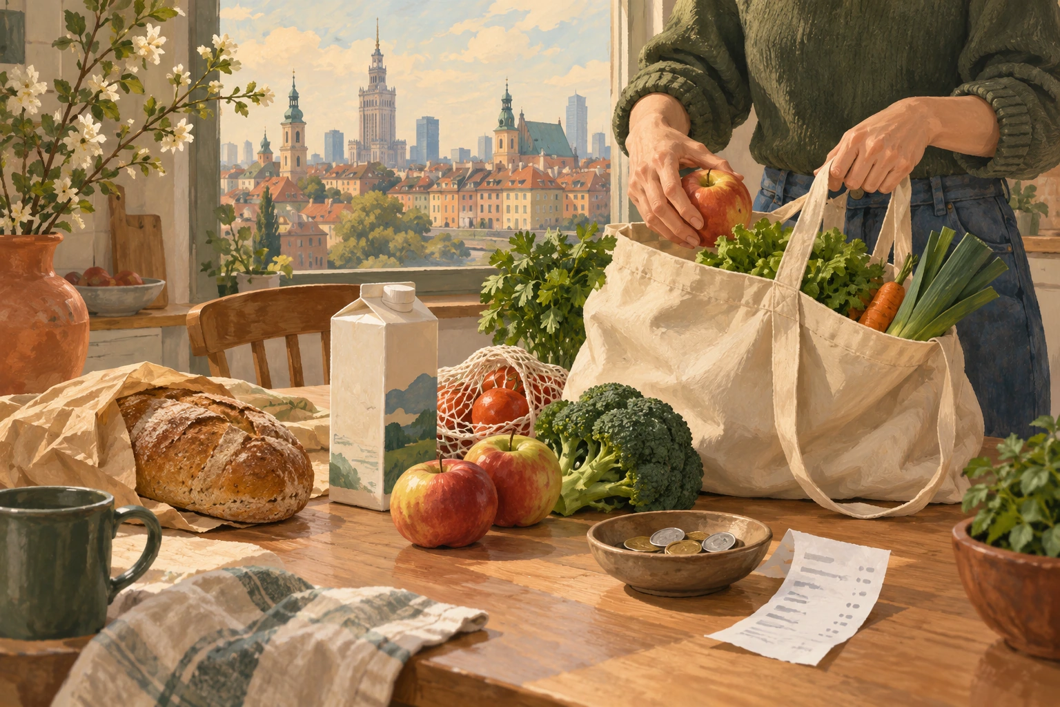 Illustration peinte de courses alimentaires sur une table, avec des pièces et une vue sur Varsovie.