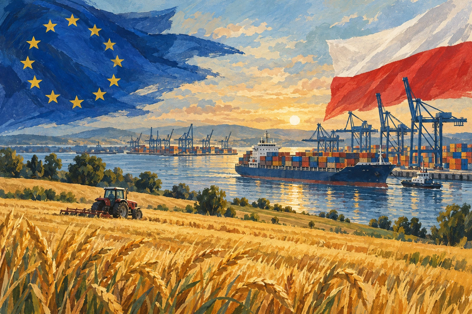 Illustration peinte associant un champ, un tracteur, un port commercial et des symboles européens et polonais.