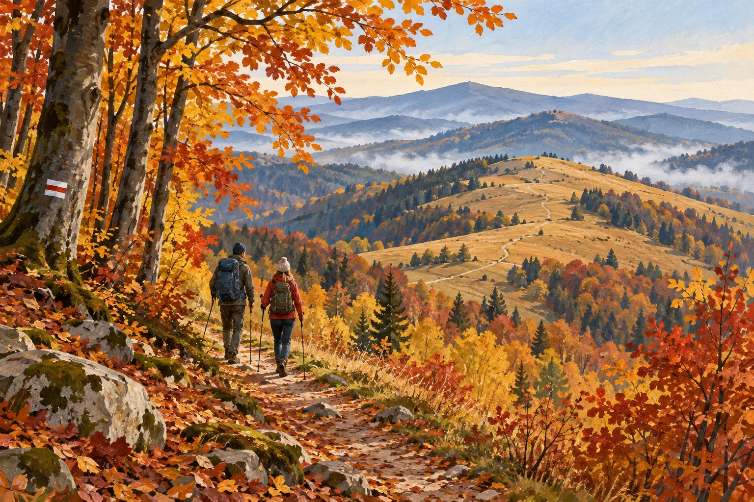 Illustration originale de forêts et de montagnes polonaises en automne, générée par IA
