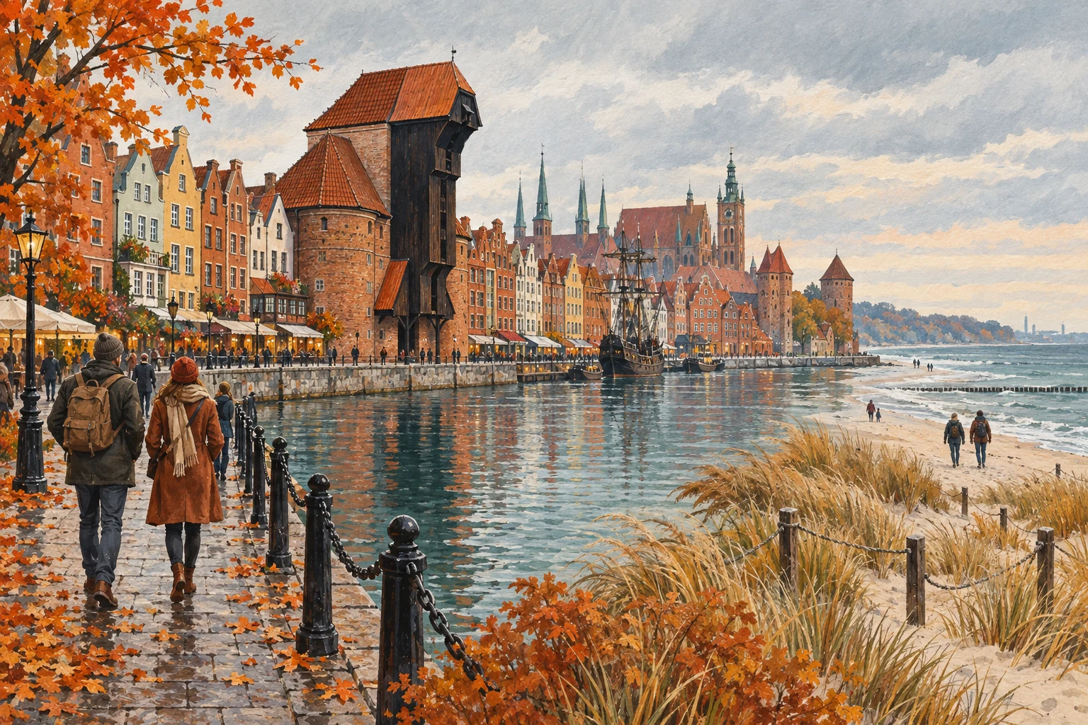 Illustration symbolique de Gdańsk et du littoral baltique en automne, générée par IA