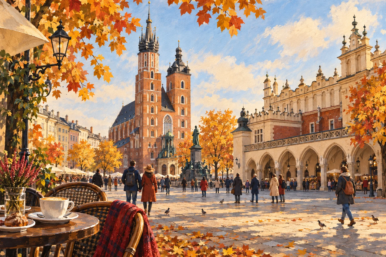 Illustration originale de Cracovie aux couleurs d’automne, générée par IA