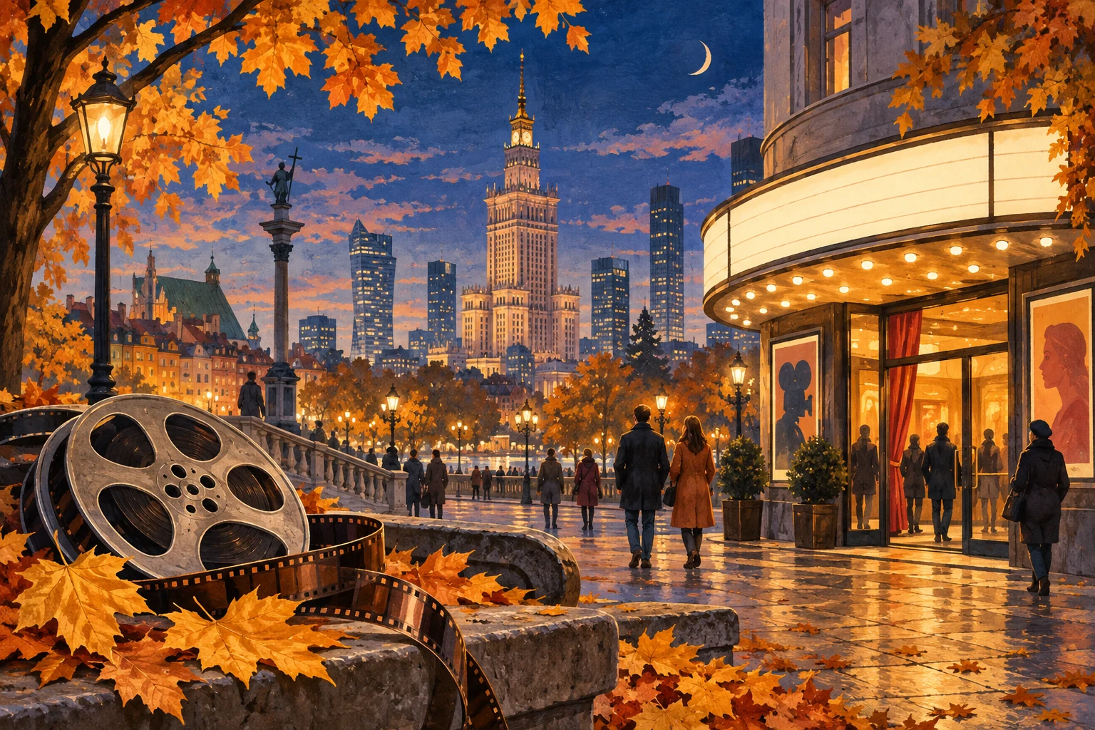 Illustration symbolique de Varsovie en automne et d’un cinéma, générée par IA