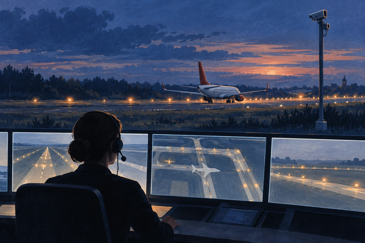 Illustration IA conceptuelle : contrôleur, écrans, avion et mât de caméras au crépuscule.