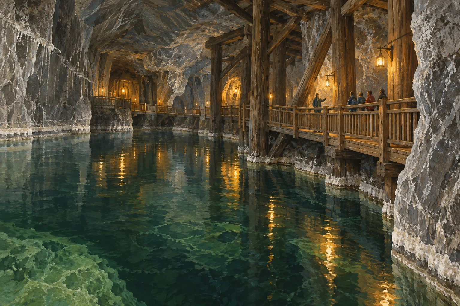 Illustration of an underground lake and timber structures inspired by Wieliczka