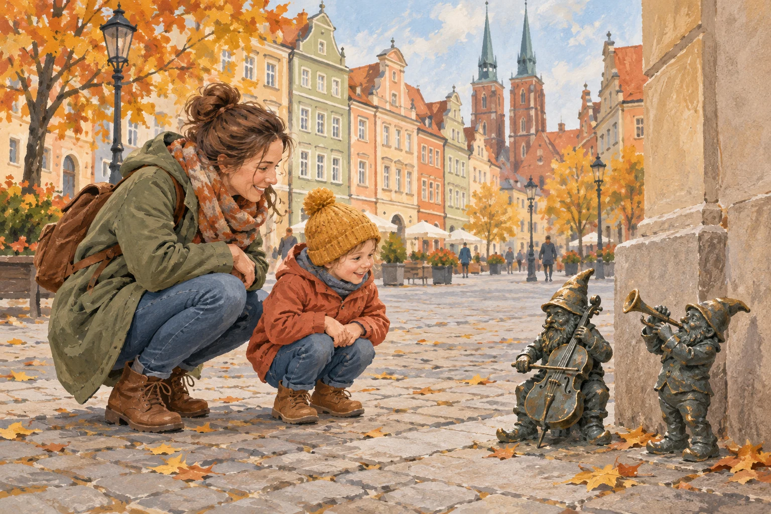 Illustration d’une mère et de son enfant découvrant de petits nains musiciens