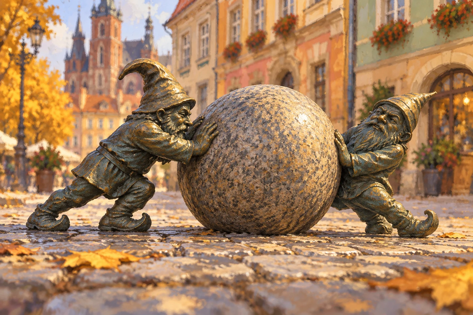 Interprétation artistique de deux nains de bronze autour d’une boule de pierre