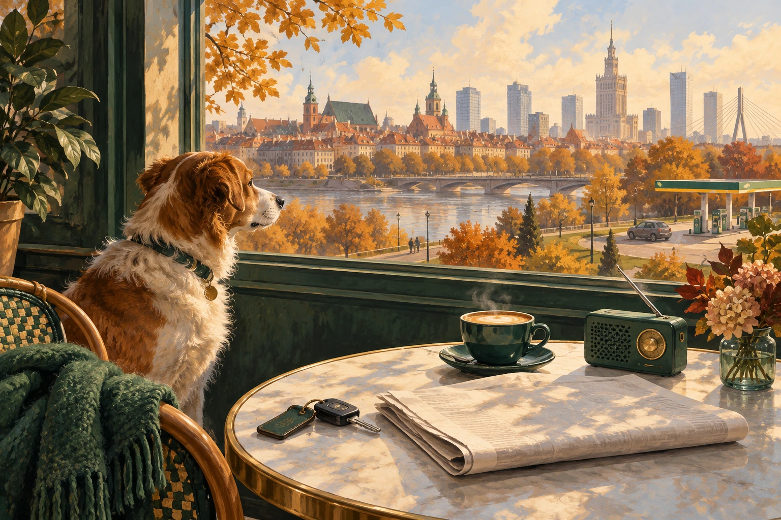 Illustration peinte d’un café de Varsovie avec un journal, une radio, des clés de voiture et un chien.