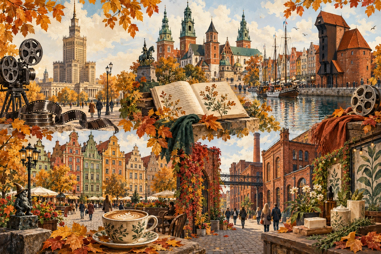 Montage peint de cinq villes polonaises en automne, avec un projecteur, un livre, du café et des plantes.