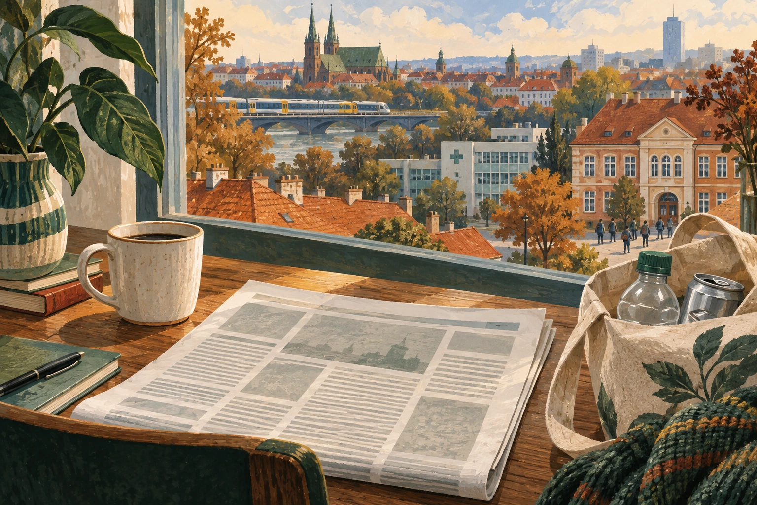 Illustration d’un journal sur une table, avec un train et une ville polonaise en automne.