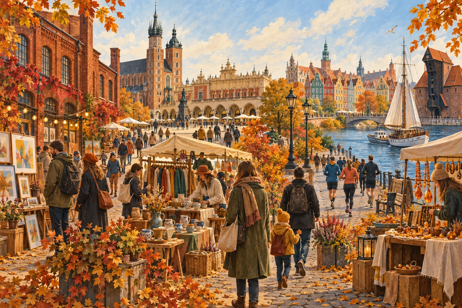 Illustration d’un week-end d’automne avec marchés de créateurs, patrimoine et promeneurs dans des villes polonaises.