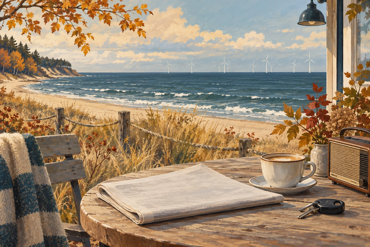 Illustration peinte d’une table de café sur la côte baltique, avec un journal et des éoliennes symboliques au large.