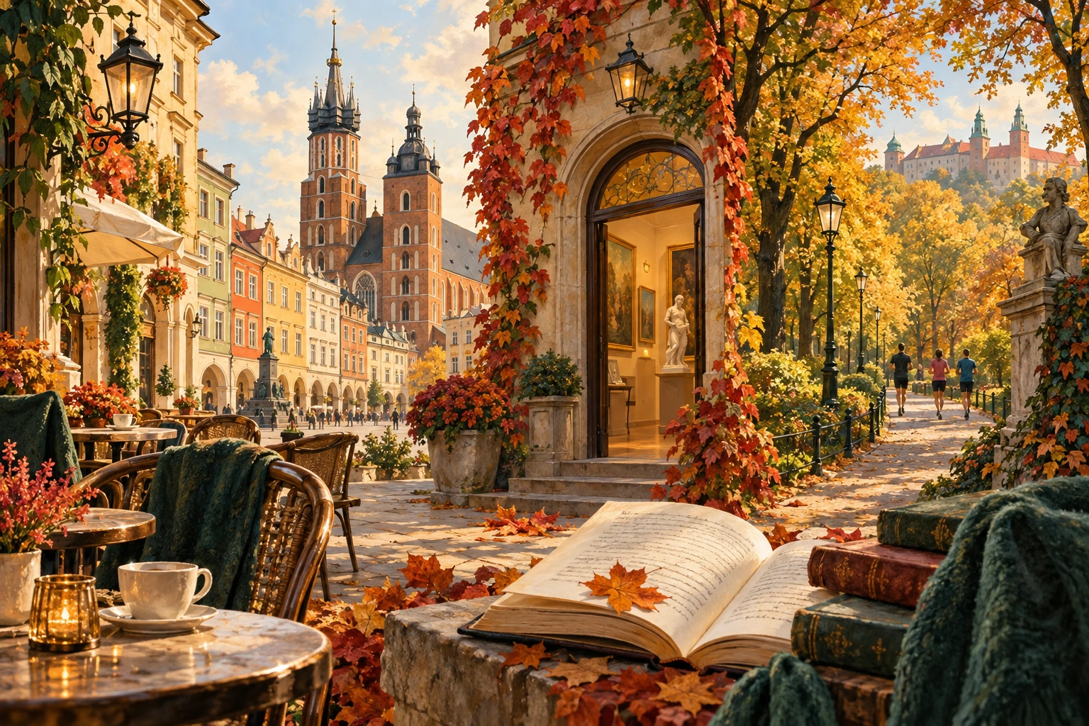 Montage peint de Cracovie en automne, avec la basilique Sainte-Marie, un livre de poésie et des promeneurs et coureurs.