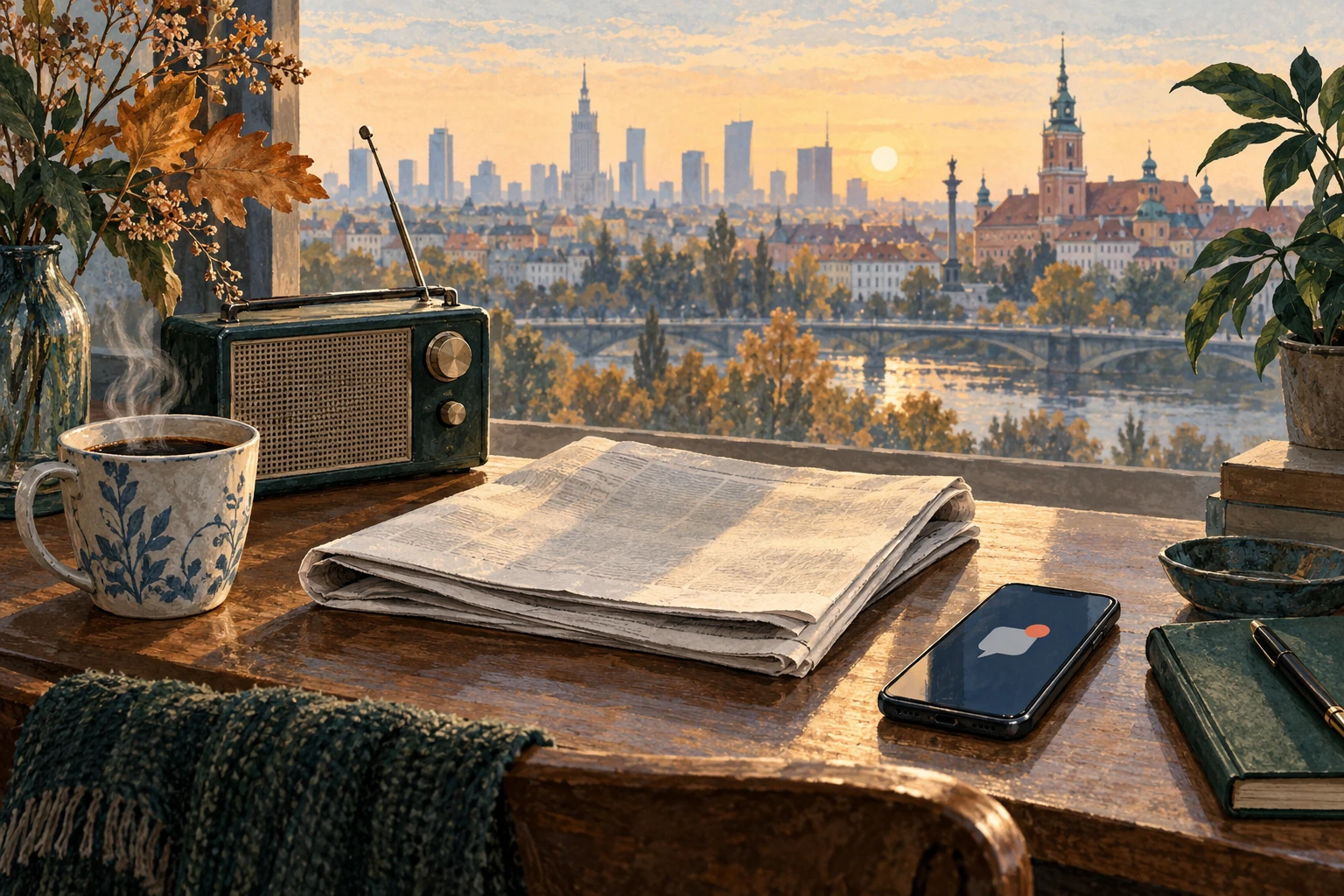 Illustration peinte d’un bureau de lecture avec un journal, une radio et un téléphone devant une ville polonaise au matin.