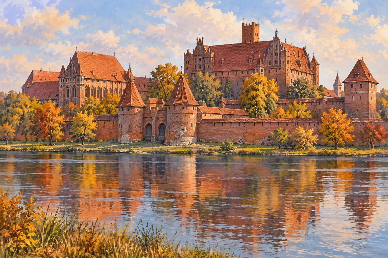 Vue peinte inspirée de Malbork et du Nogat en automne.