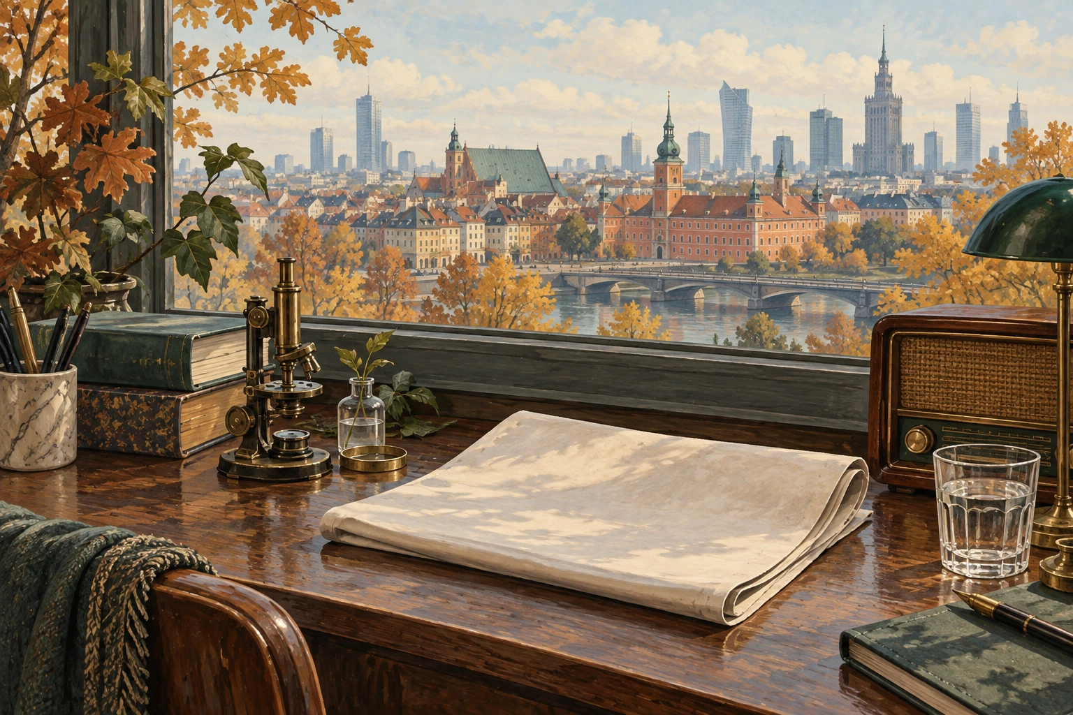 Illustration d’un bureau de lecture devant Varsovie en automne, avec un journal sans texte, une radio et un instrument scientifique.