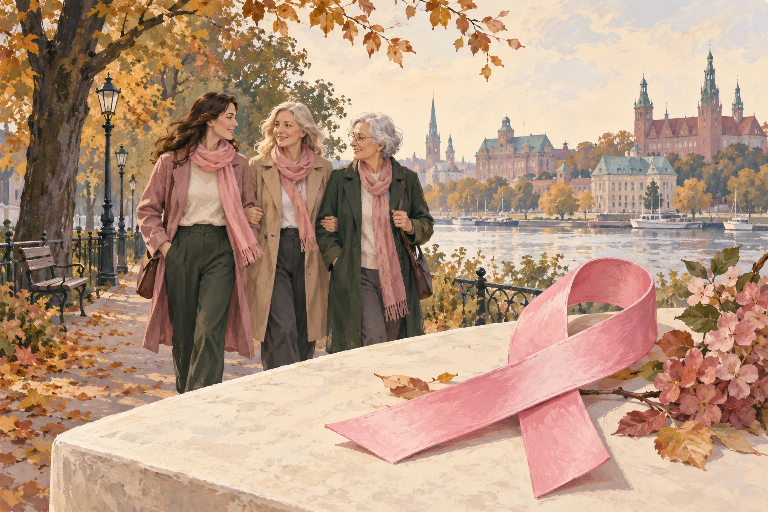 Illustration peinte d’un ruban rose et de femmes de plusieurs générations dans un parc polonais en automne.