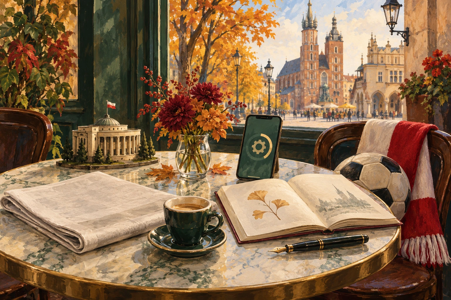 Illustration d’un café de Cracovie avec un journal, un livre, un téléphone et un ballon aux couleurs polonaises.