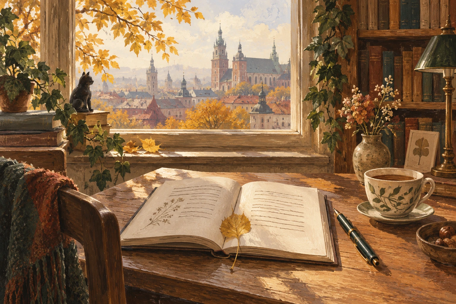 Otwarty tom poezji na stole z widokiem na dachy Krakowa.