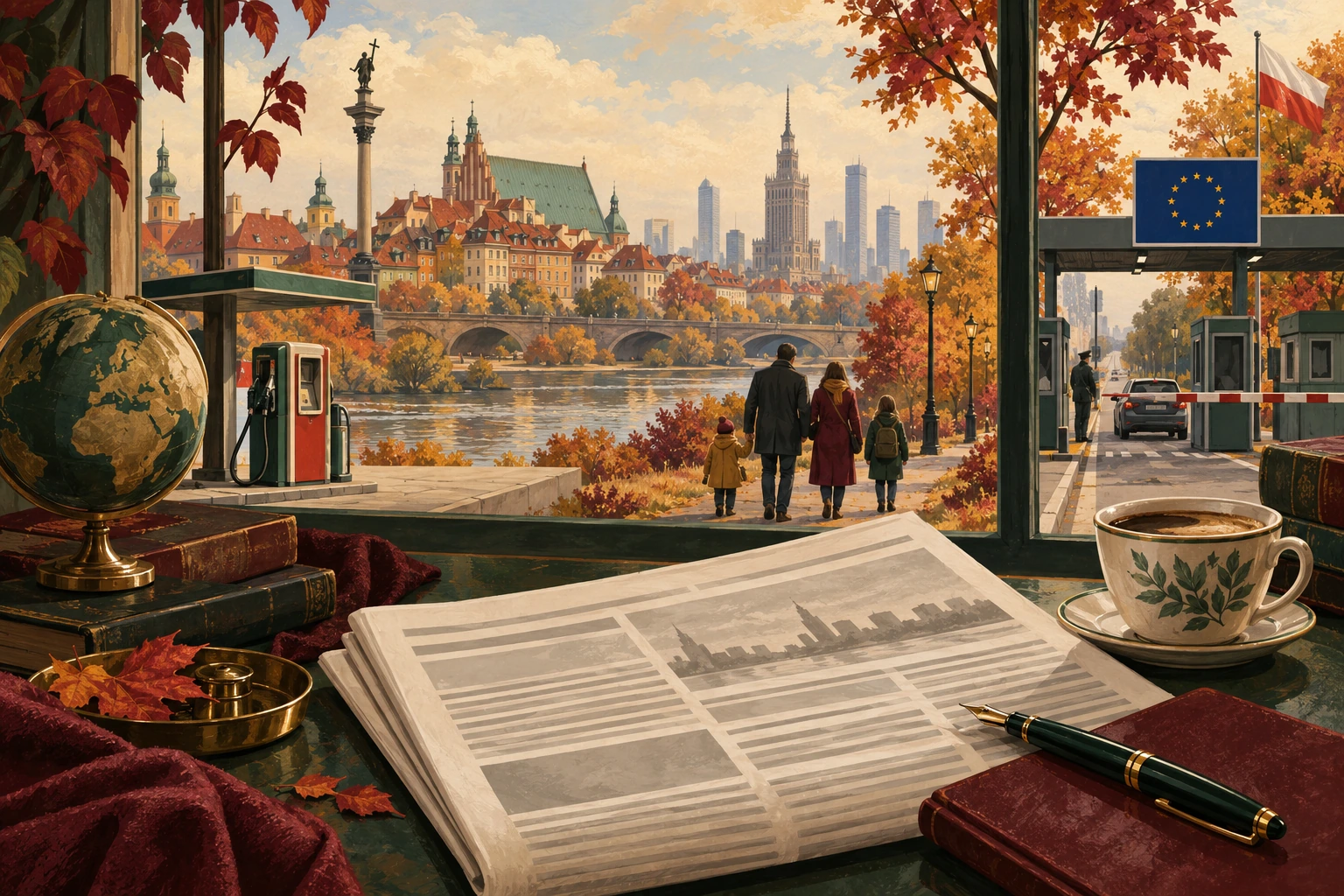 Illustration peinte d’un journal, d’une pompe à essence, d’un contrôle frontalier et d’une famille dans une ville polonaise en automne.