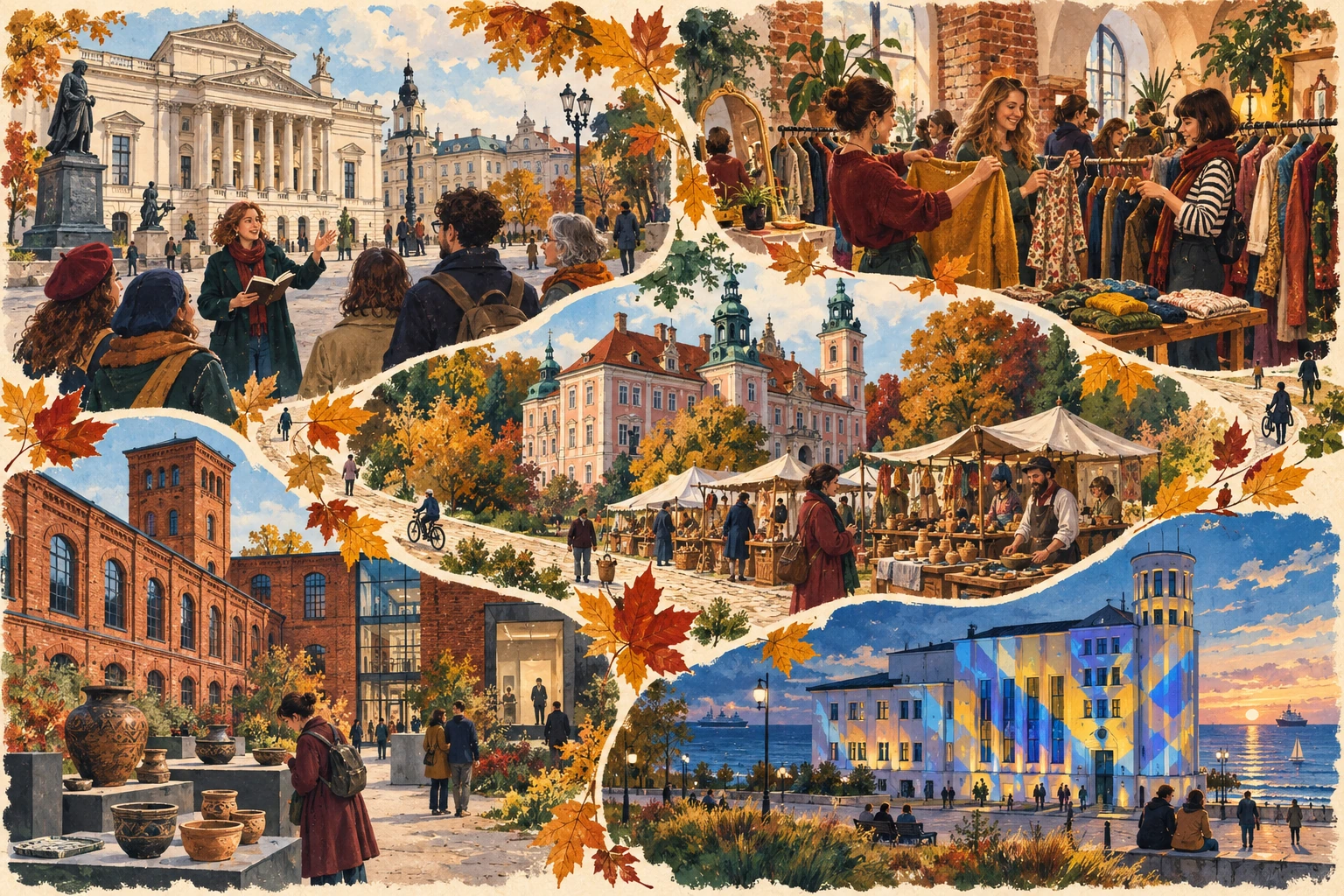 Montage peint de balades, d’un marché historique, d’un atelier et de lumières urbaines dans cinq villes polonaises.