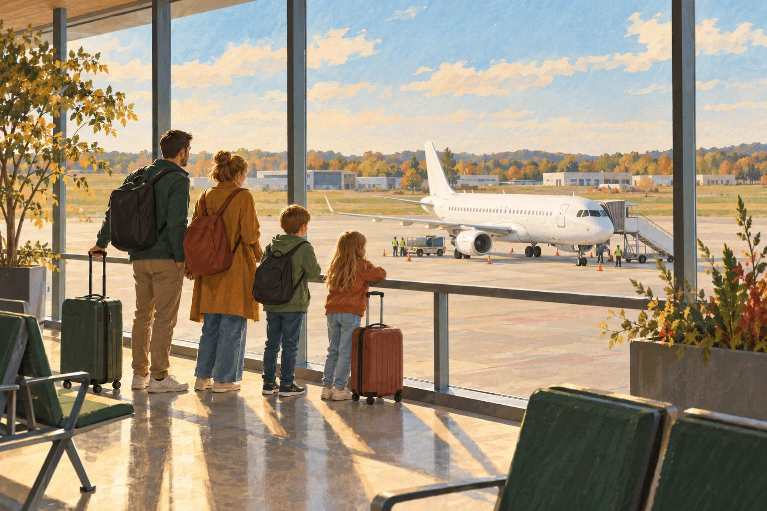 Illustration d’une famille avec ses bagages regardant un avion depuis un terminal.