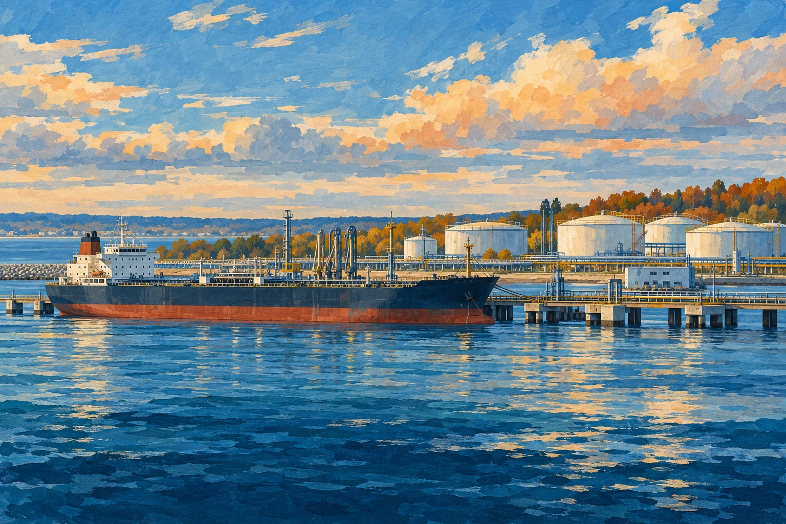Illustration d’un pétrolier amarré à un terminal maritime avec réservoirs et canalisations.