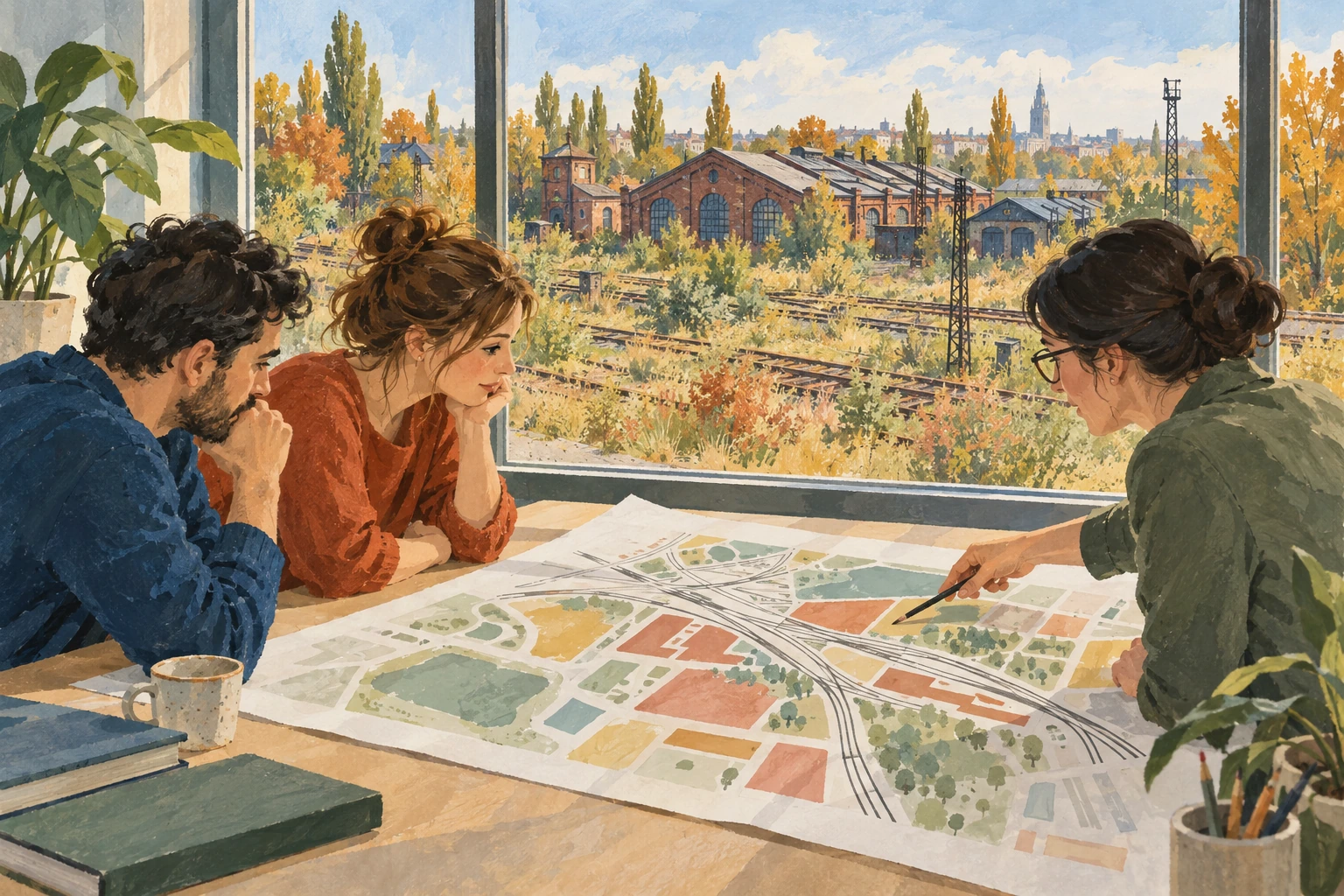 Illustration de personnes étudiant un document de planification devant des ateliers ferroviaires.