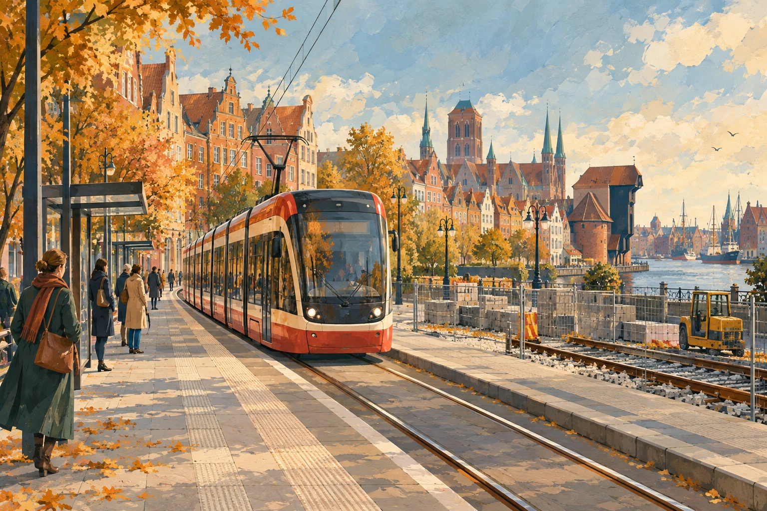 Illustration d’un tramway dans un paysage urbain inspiré de Gdańsk, près de travaux de voie.