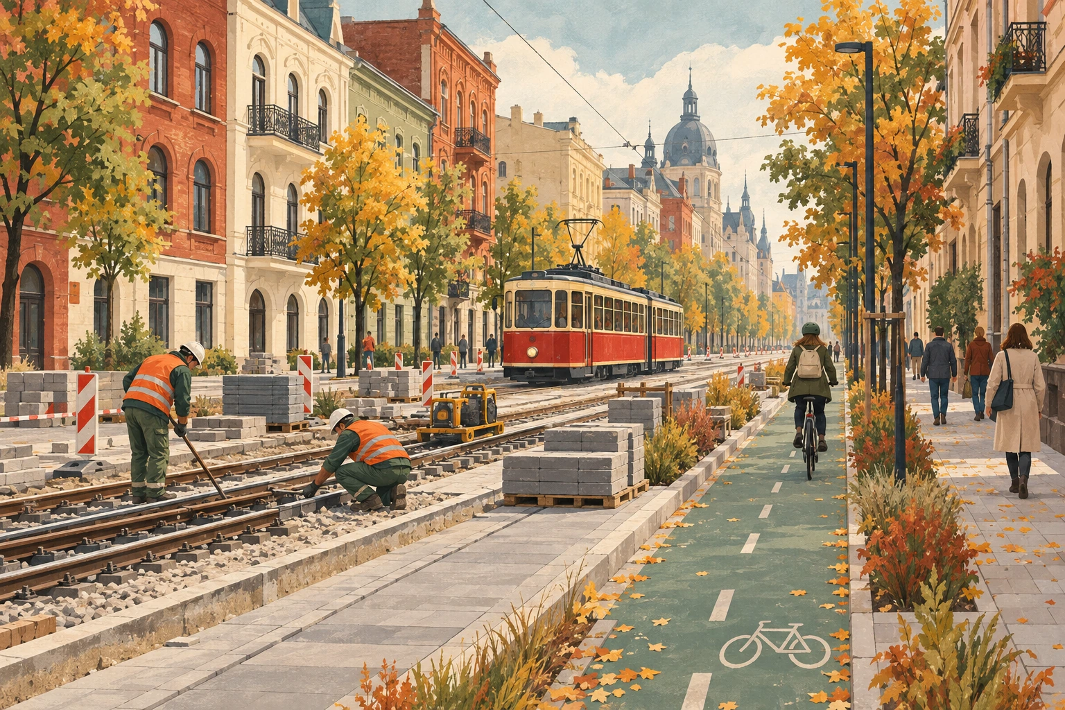 Illustration d’une rue polonaise avec tramway, piste cyclable et travaux de voie.