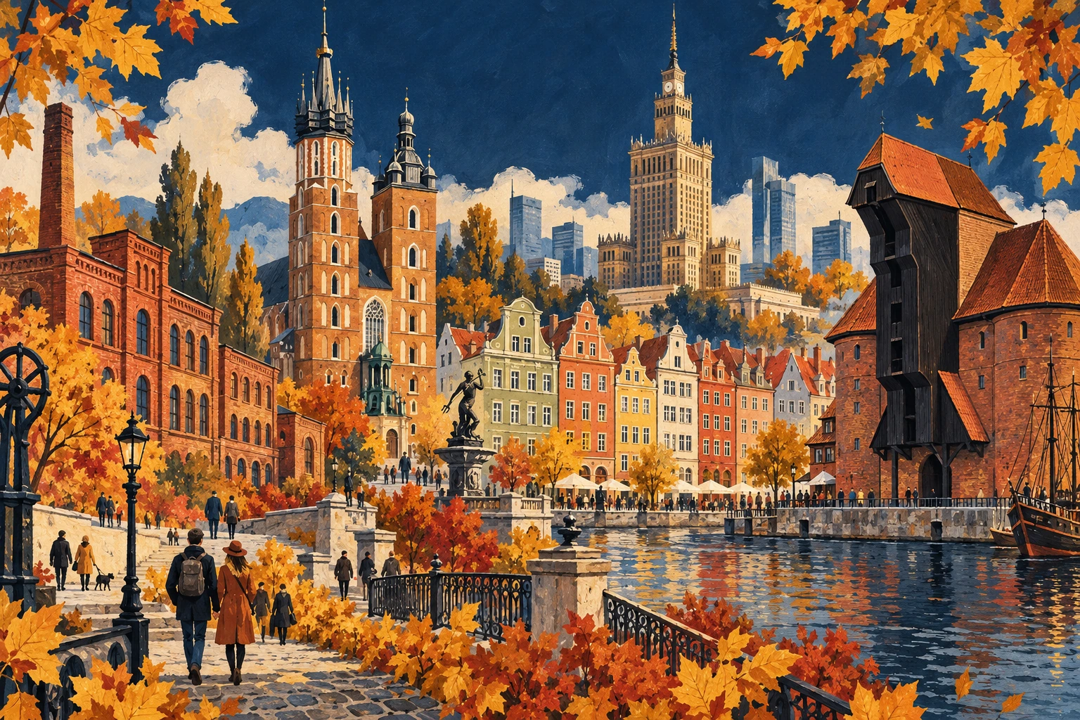 Montage peint de villes polonaises en automne.